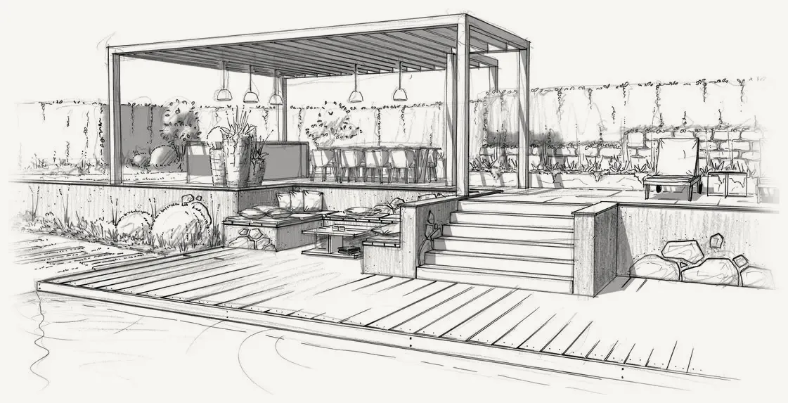 Szkic projektu: drewniana pergola z jadalnią nad tarasem, schody i strefa wypoczynku przy wodzie